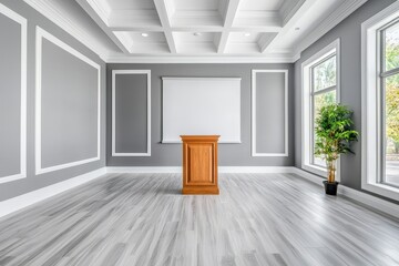 Obraz premium Spacious and Peaceful Study Area with Gray Walls and Natural Light Featuring Minimalist Design and Elegant Wooden Podium in Modern Interior