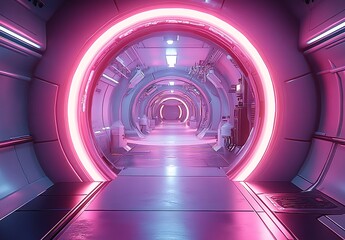 Obraz premium A futuristic, neon-lit tunnel with glowing pink and white lights leading to an unknown destination.