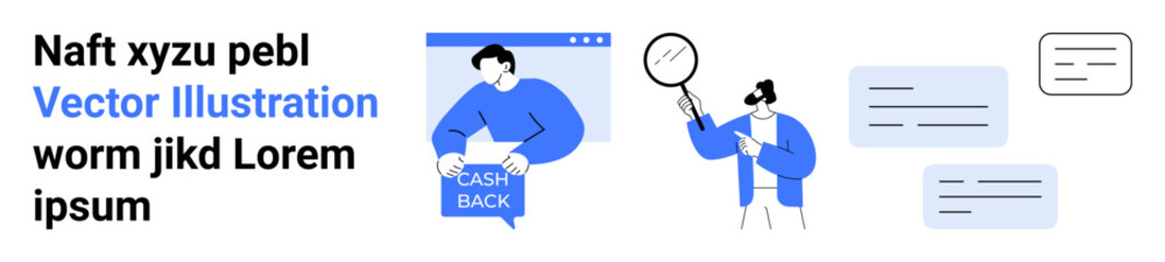 Character with cashback sign, character examining with magnifying glass, chat bubbles. Ideal for business, marketing, promotions, customer service, research, financial apps, website UI. Landing page