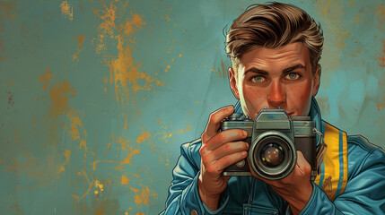 Obraz premium Young smiling man holding camera, taking photo and smiling. Professional photographer, cameraman concept.
