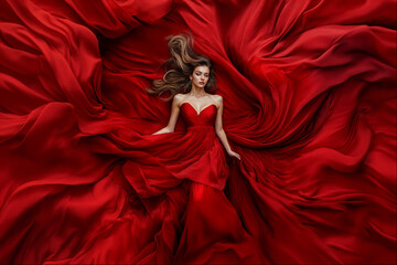 Elegant woman in a flowing red dress surrounded by vibrant fabric on a dramatic backdrop