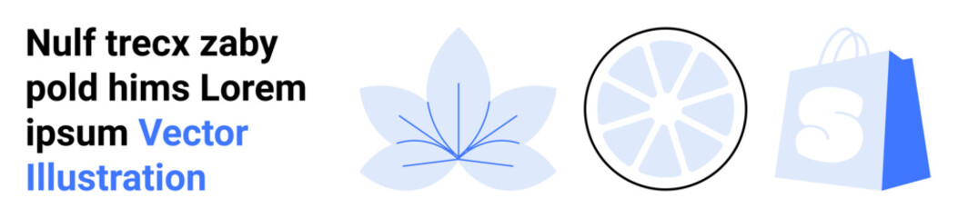 Text in black and blue, a blue flower, a black outlined circle with blue segments, and a blue shopping bag with an S symbol. Ideal for branding, graphic design, e-commerce, floral themes, and vector