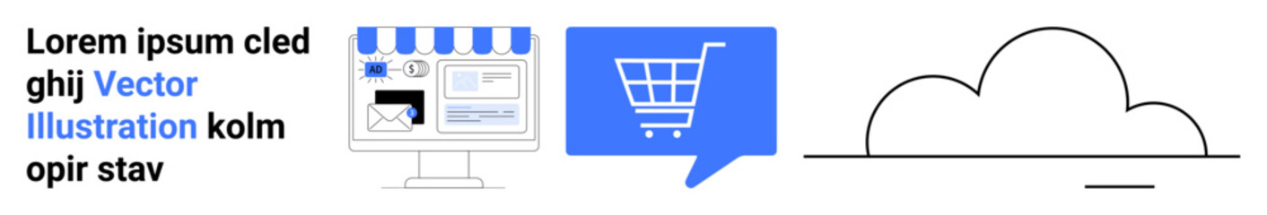 Desktop computer with e-commerce elements, speech bubble with shopping cart icon, cloud graphic. Ideal for e-commerce, online shopping, cloud computing, digital marketing, website design, tech