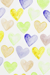 Colorful watercolor hearts, soft pastel tones, cheerful background pattern, ideal for invitations, greeting cards, and decor.