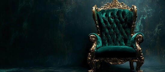 Luxurious green velvet throne with gold frame.