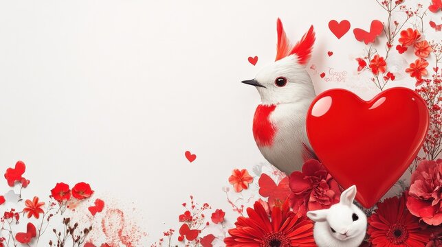 Valentines day scrapbook. Bird with red heart, flowers and love inscriptions, cute rabbit stickers. decorative design elements