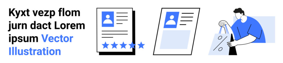Candidate profiles being reviewed and rated with stars, transitioning to a person shopping with bags. Ideal for job search platforms, recruitment, employee evaluation, hiring processes, career