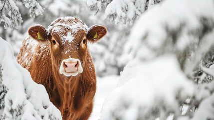 A brown cow stands calmly in a serene snowy forest surrounded by frost-covered trees creating a peaceful winter atmosphere
