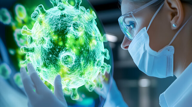 A researcher studies a virus model, showing commitment to scientific progress