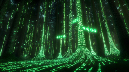 Obraz premium Mysterious forest filled with glowing binary numbers, creating an enchanting atmosphere at night