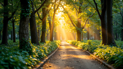 Fototapeta premium Shady Path with Trees and Soft Sunshine