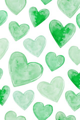 Green watercolor hearts, soft pastel tones, seamless pattern design, ideal for backgrounds, romantic themes, and stationery.
