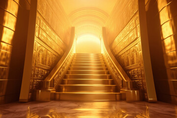 Golden illuminated staircase leading to a glowing entrance in an opulent setting