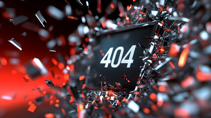 A vibrant display of a 404 error message is surrounded by exploding shards in an abstract setting