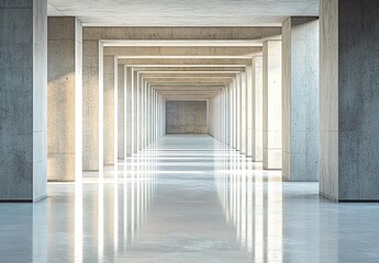  A long, empty concrete corridor with symmetrical columns and an open ceiling.