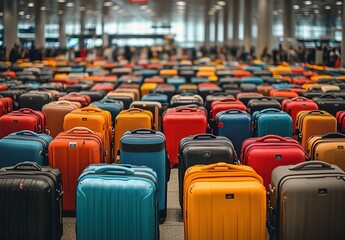 Naklejka premium A lot of colorful luggage in an airport, with many people waiting for their bags.