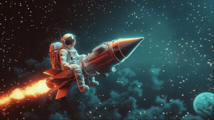 Astronaut riding a vintage rocket through a colorful starry space landscape at night