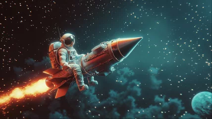 Printed kitchen splashbacks Astronaut riding a vintage rocket through a colorful starry space landscape at night