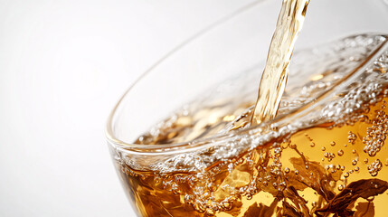 A golden stream of tea pouring into a tilted glass cup with bubbles forming and a warm glow emphasizing its freshness and warmth
