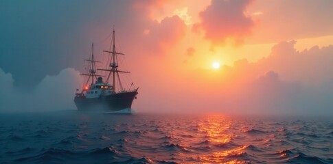 Fototapeta premium Gentle morning glow reveals distant ship amidst swirling foggy veil , sea, ship, fog