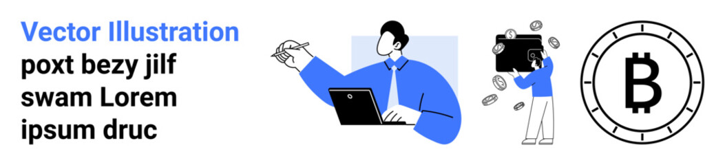 Businessman holding laptop, another person with briefcase and money, large Bitcoin coin. Ideal for financial concepts, investment, cryptocurrency, business management, fintech, technology