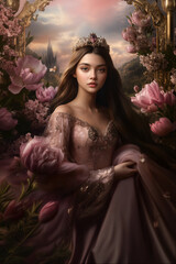 Elegant queen adorned with crown and blossoms in a mystical garden at sunset