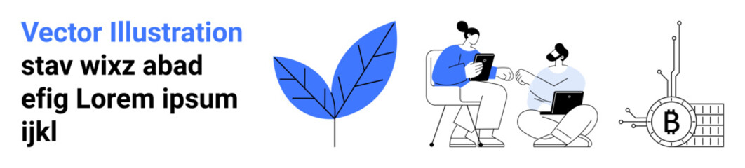 Co-working colleagues with tablets and laptops, blue leaf, bitcoin symbol, text blocks. Ideal for business, teamwork, technology, finance, cryptocurrency, environmental themes, digital marketing