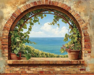Curved Facade Window Overlooking Vineyard with Grapevines, Sea, and Brick Wall