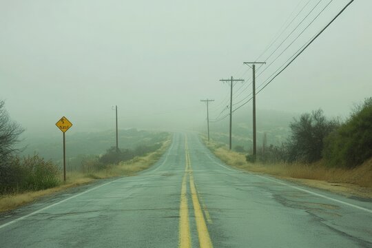 Mile Marker on an Open Road: Empty Highway Under Overcast Skies with Green Surroundings and Copy Space for Custom Text