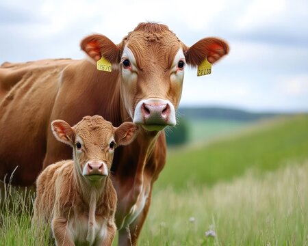 Jersey Momma Cow Nurturing Her Young Calf in a Lush Green Pasture