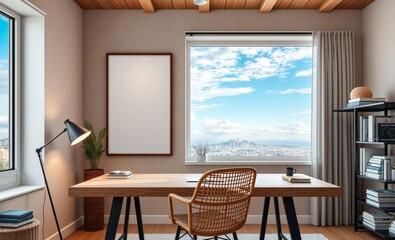 Minimalist home office, large window with ocean view, wooden desk, rattan chair, desk lamp, floating shelves, blank canvas on wall, exposed wooden beams ceiling, natural light, coastal interior design