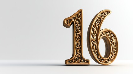 Ornate gold number 16 on white.