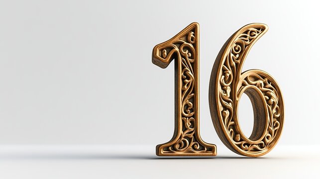 Ornate gold number 16 on white. - Powered by Adobe