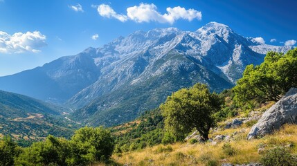 Fototapeta premium Breathtaking Grey Summit: Snow-Capped Peak Against a Vibrant Blue Sky in the Albanian Alps