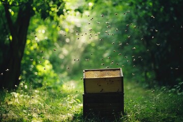 Fototapeta premium Dynamic Bees Swarming Around a Vibrant Beehive in a Lush Green Apiary Setting