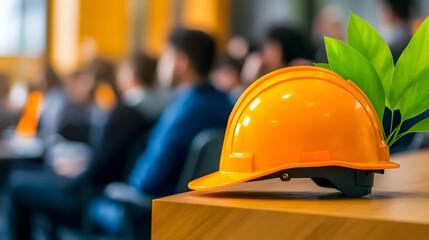 A bright orange hard hat on a table symbolizes safety and progress in sustainability
