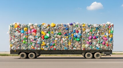 Massive truck loaded with compacted plastic waste on sunny road, environmental protection concept
