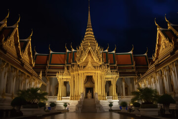 Traditional golden temple illuminated at night with glowing intricate architecture