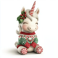 Festive Christmas Unicorn with Candy Cane Horn and Cozy Holiday Sweater 
