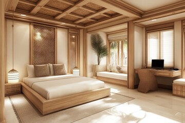 Chic White and Wood Bedchamber with Stylish Home Office Corner in Modern Interior Design