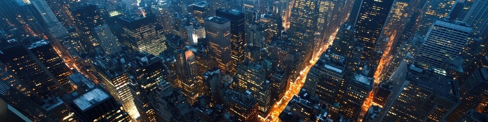 Obraz premium Iconic Manhattan Skyline at Night: A Glimpse of New York City's Urban Architecture and Vibrant City Life