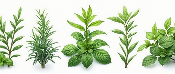 Set Of Aromatic Herb Flowers Including Mint, Rosemary, And Basil, Isolated On white Background