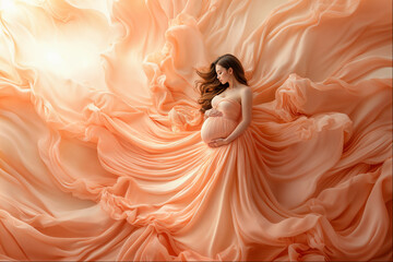 Elegance in peach: a pregnant woman surrounded by flowing fabric in a serene, artistic setting