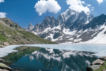 Fototapeta premium Stunning Landscape of Frozen Baduk Lake Reflecting the Majestic Caucasus Mountain Range in Winter Wonderland, Russia