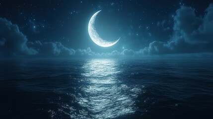 Crescent moon reflecting on a calm ocean at night.