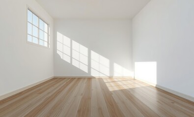 empty room, bright sunlight, white walls, wooden floor, minimalist interior, shadows on wall, large windows, natural lighting, clean space, architectural rendering, realistic 3D visualization, open fl