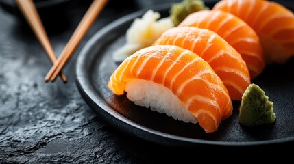 Delicious Salmon Nigiri Sushi on Black Plate