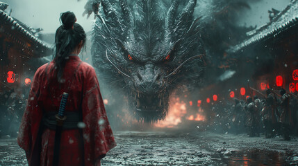 portrait of a samurai face to a dragon