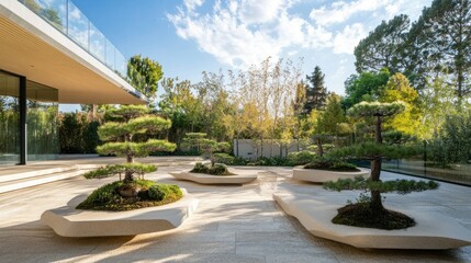 Tranquil outdoor space with bonsai trees and natural light.