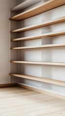 Empty wooden shelves in a minimalist room corner.